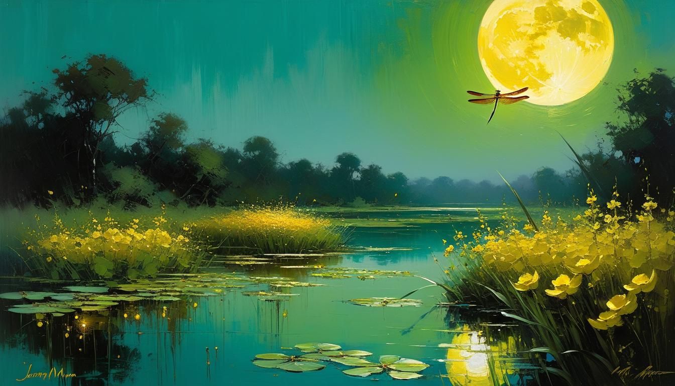 Golden Dragonfly Under Full Moon: Oil Painting