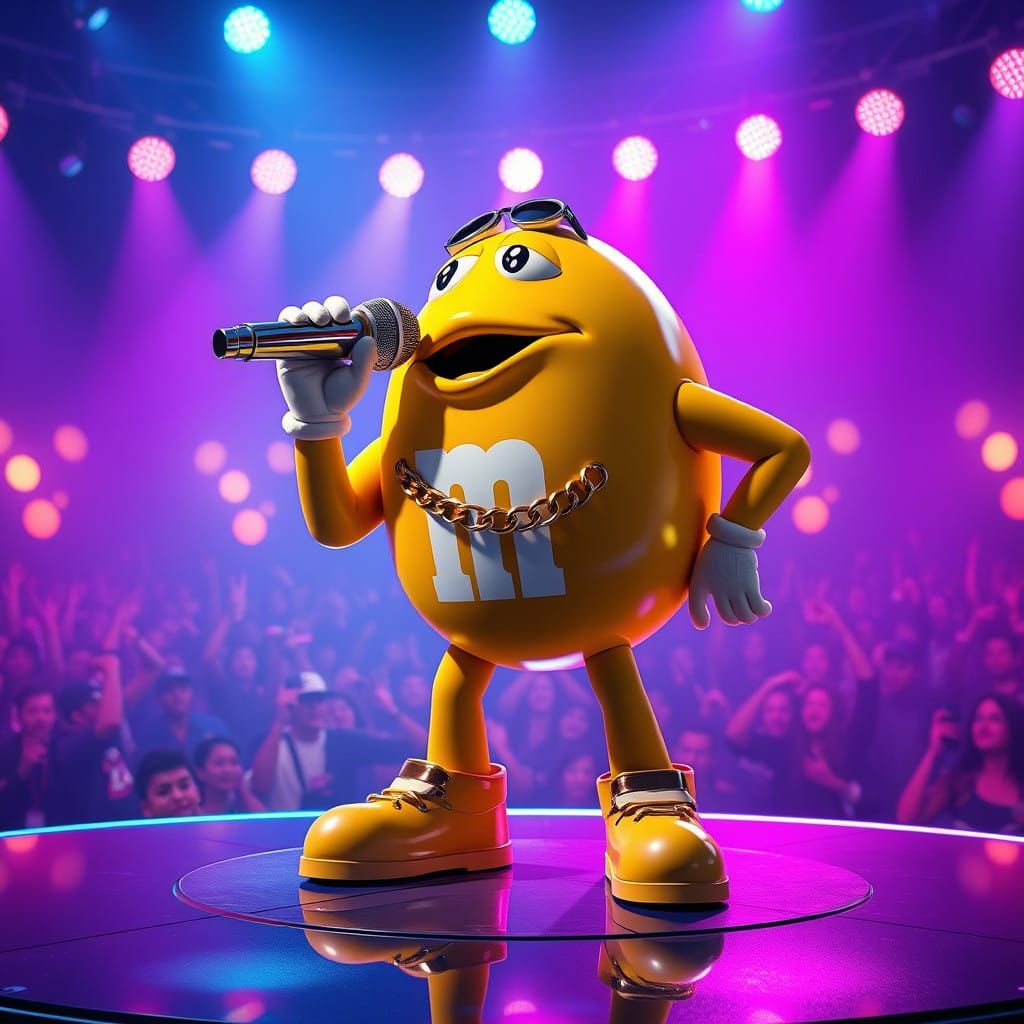 Hyper-Realistic M&M Rapper Against Urban Fantasy Backdrop