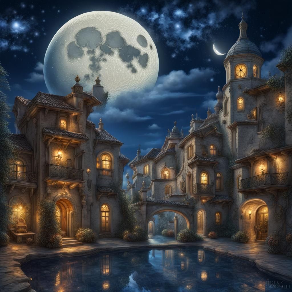Magic Clock Town at Night: Digital Illustration
