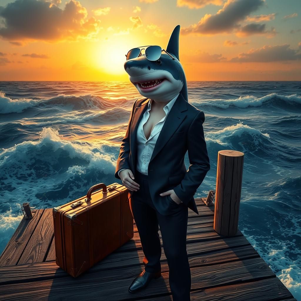 Confident Female Shark Set Against Stunning Ocean Sunset