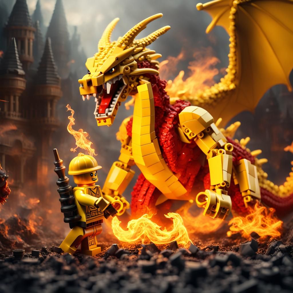 Lego Figure Battles Dragon in Epic Digital Painting