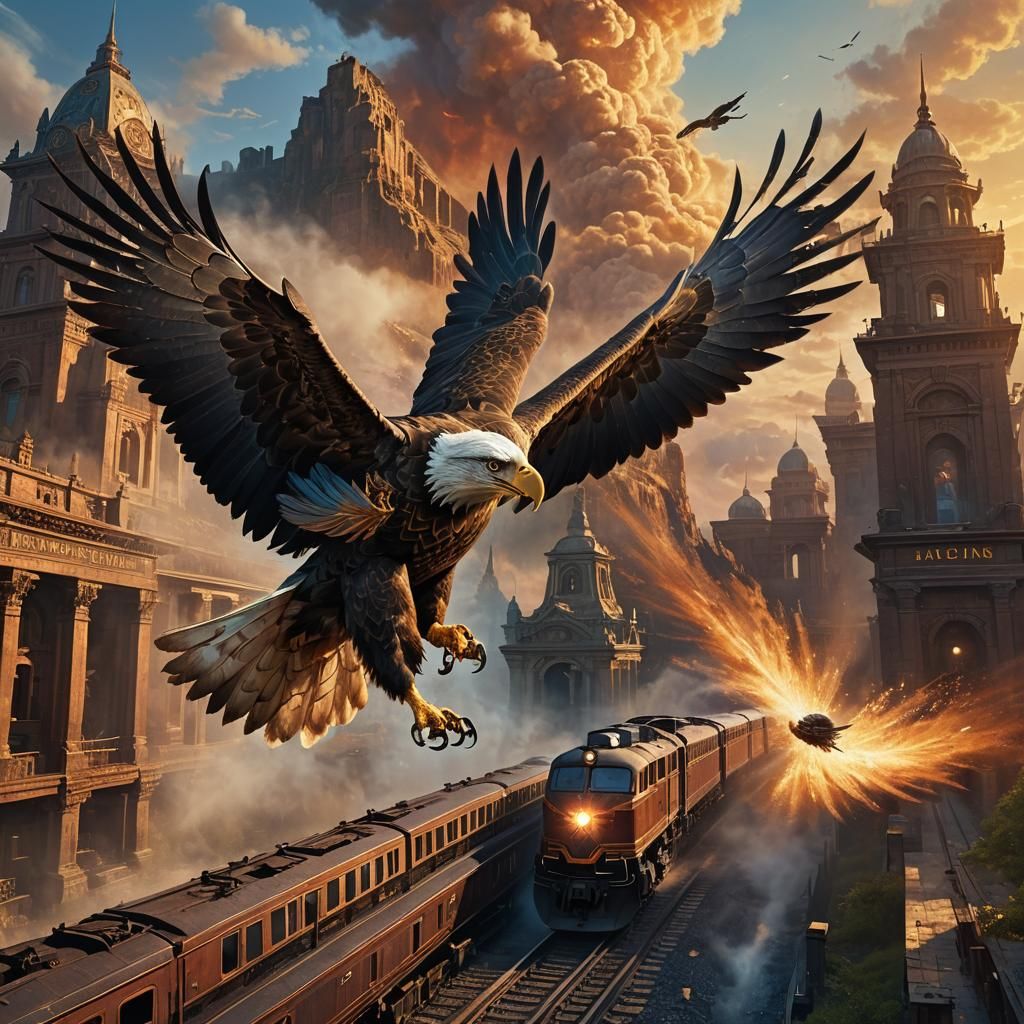 Eagle Soaring Past Train in Fantasy Landscape
