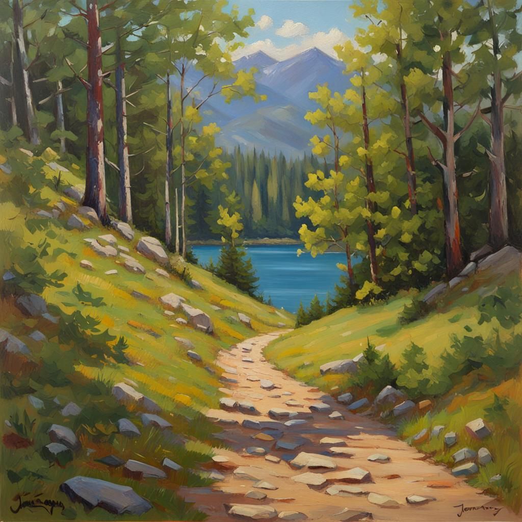 Scenic Hiking Trail Near Lake: Oil Painting