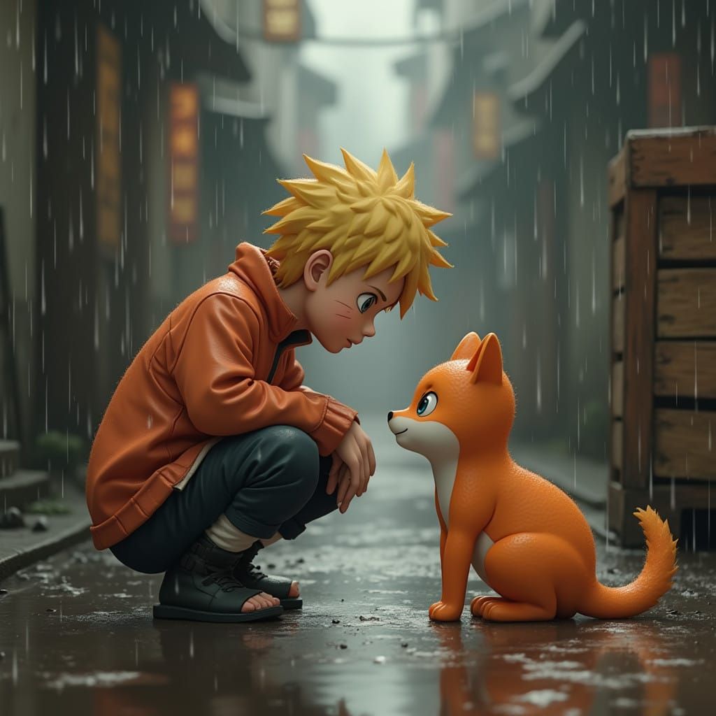 Naruto and Kurama: Tender Moment in Rainy Alleyway