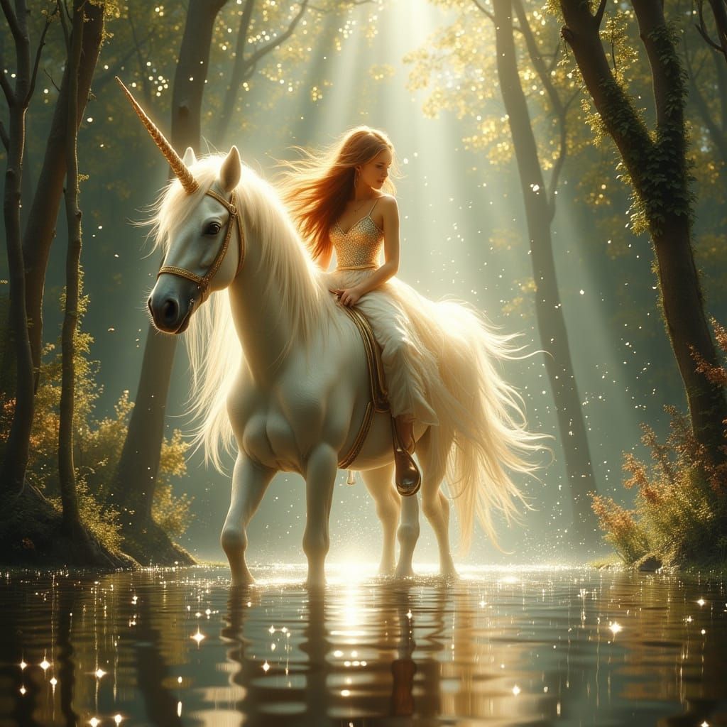 Girl Rides Unicorn in Enchanted Forest Sunlight