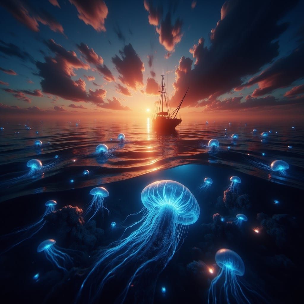 Sunset Ocean Fishing With Sharks and Glowing Jellyfish