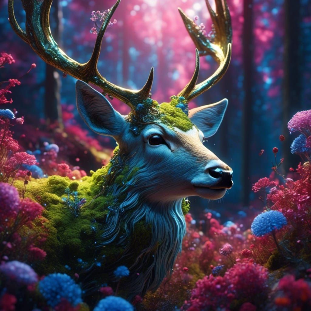 Cosmic Deer with Floral Antlers in Hyperrealism Style