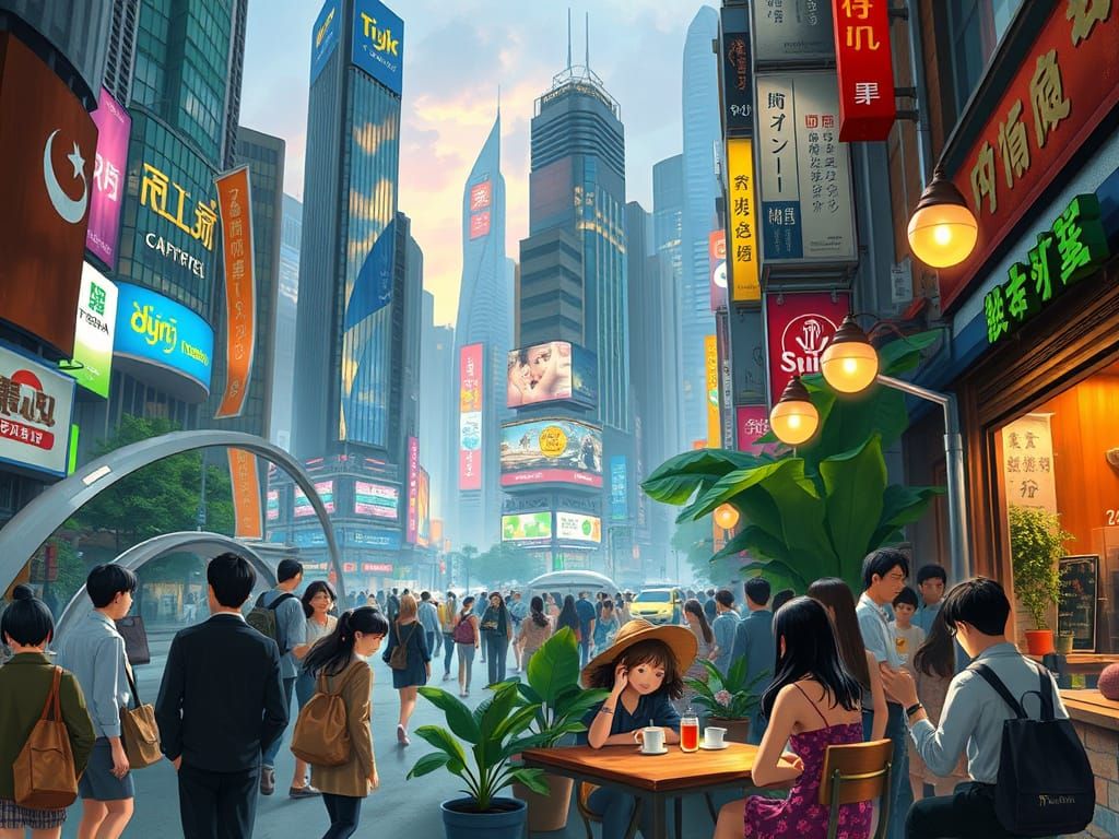 Anime-Inspired Futuristic Cityscape with Vibrant Culture
