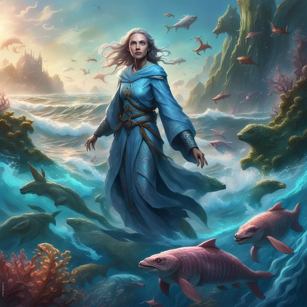 Fantasy Ocean Wizard in Ethereal Blue Robes
