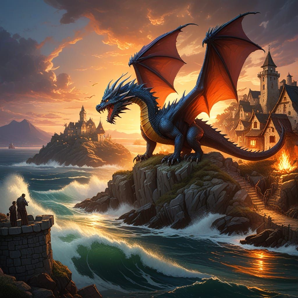 Dragon Defends Village: Epic Fantasy Oil Painting