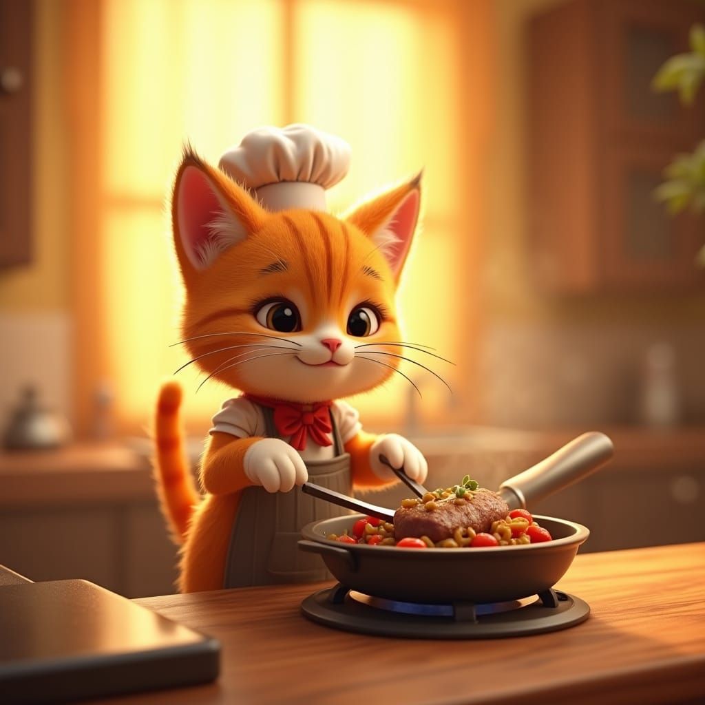 Whimsical Cartoon Chef Kitty in Warm Kitchen Scene