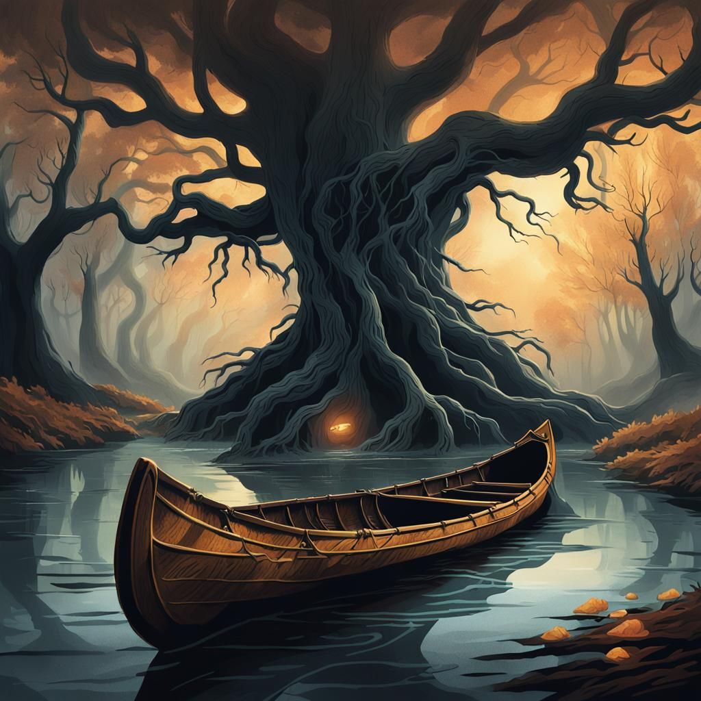 Dark Fantasy Canoe Embarks in a Twisted, Gnarled River Realm