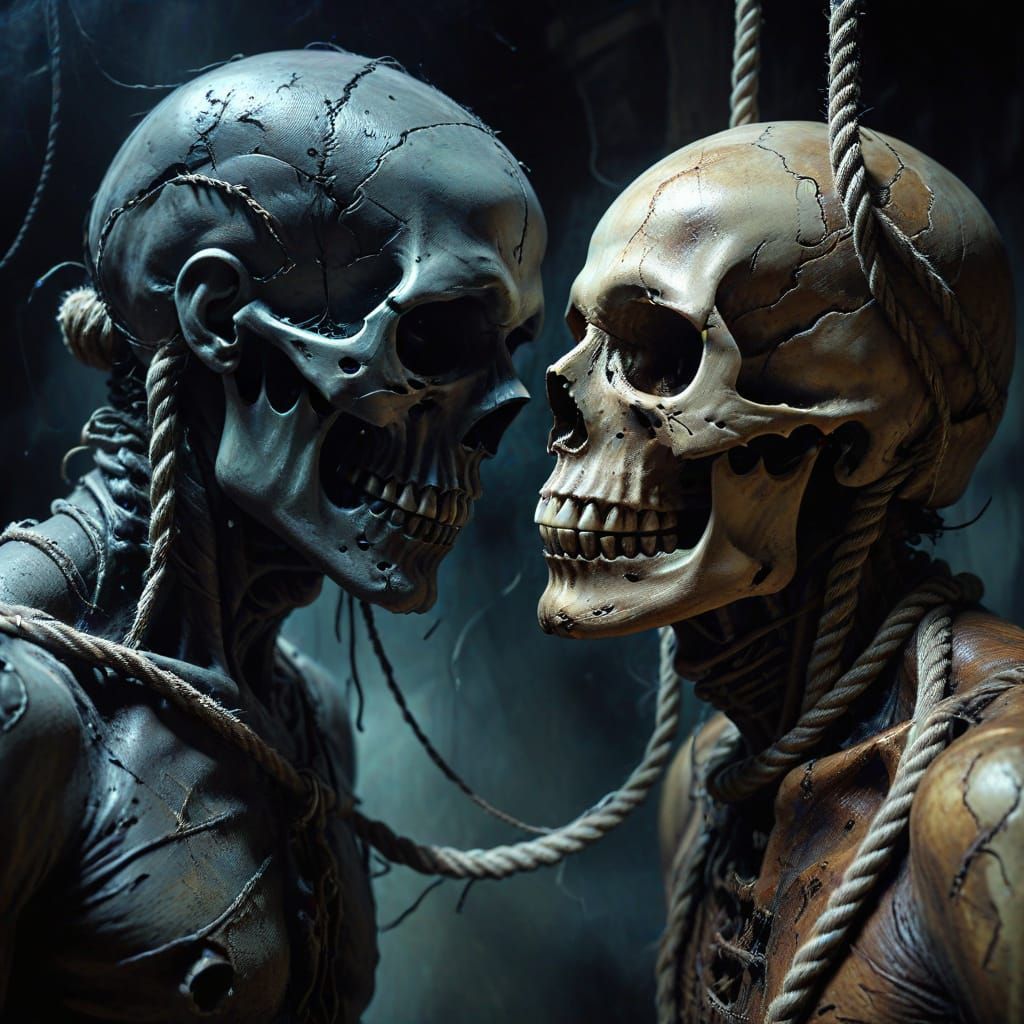 Skull Manipulating Man: Surreal Oil Painting