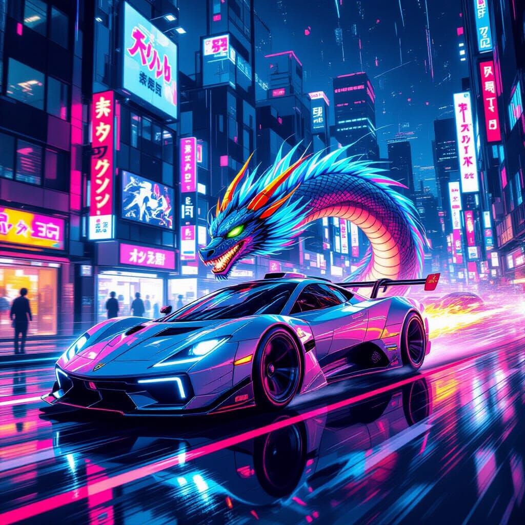 Cyberpunk Dragon Speeds Through Neon Tokyo Streets