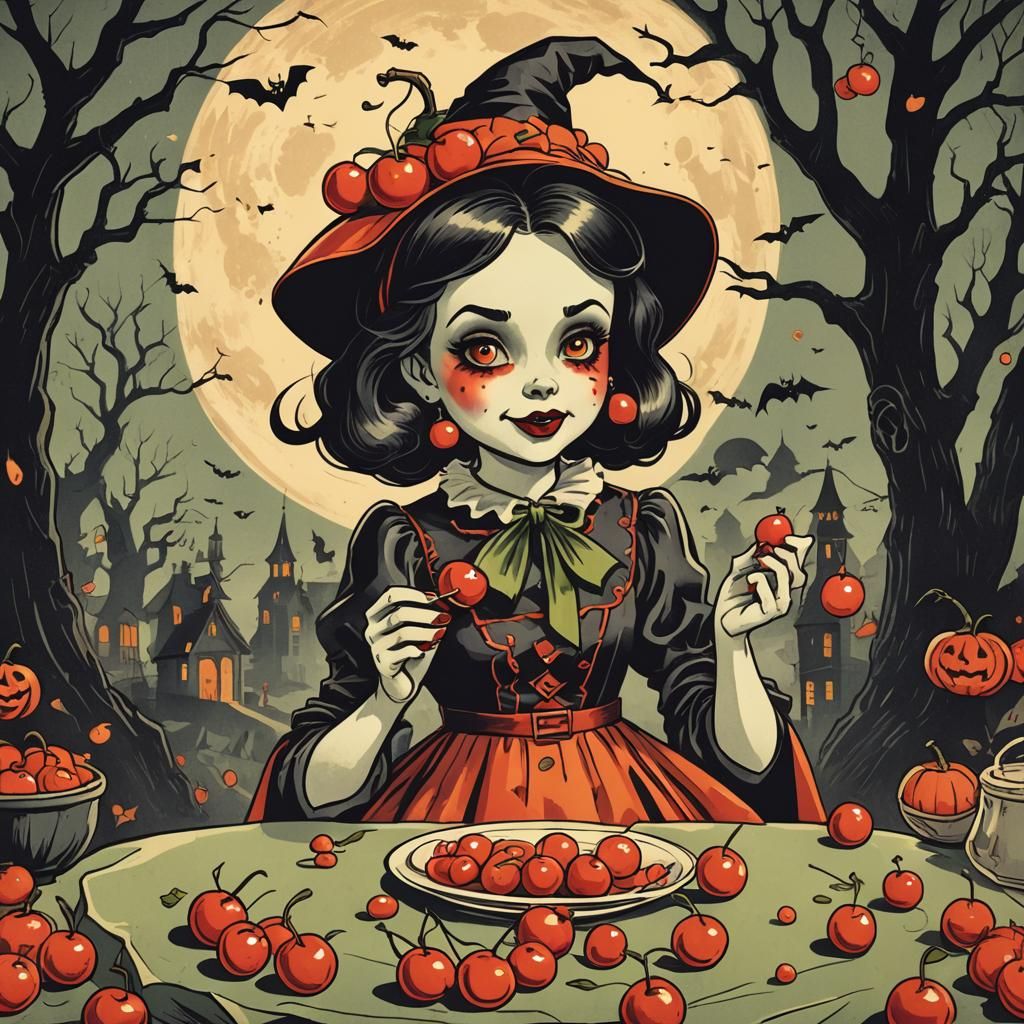 Vintage Cartoon Halloween Girl with Cherry