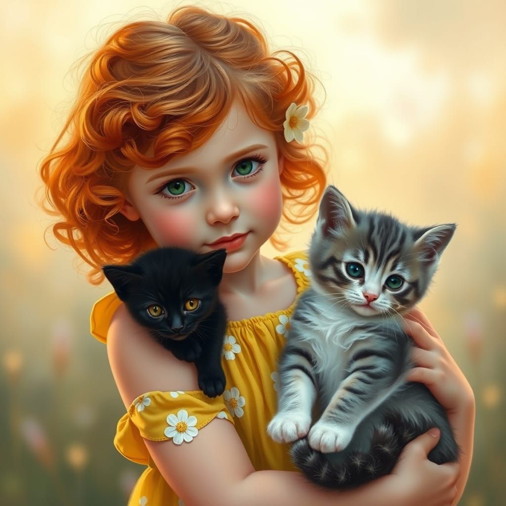 Young Girl Holding Kitten Pair in Impressionist Style