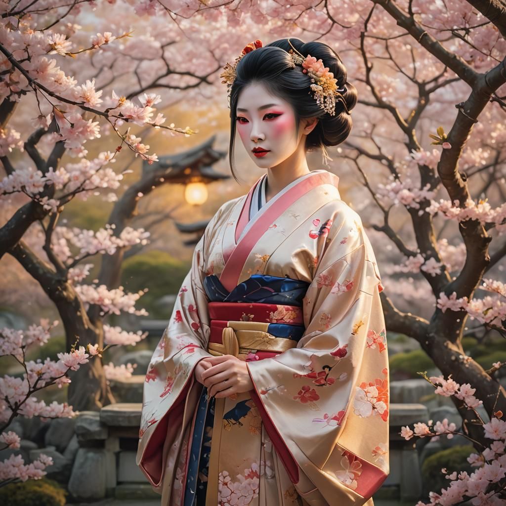Ethereal Geisha in a Vibrant Japanese Garden