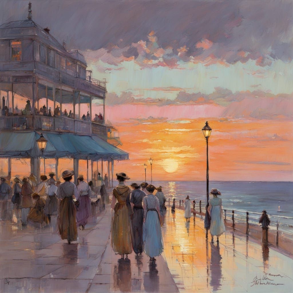 Pastel Sunset Boardwalk Scene in Classical Style