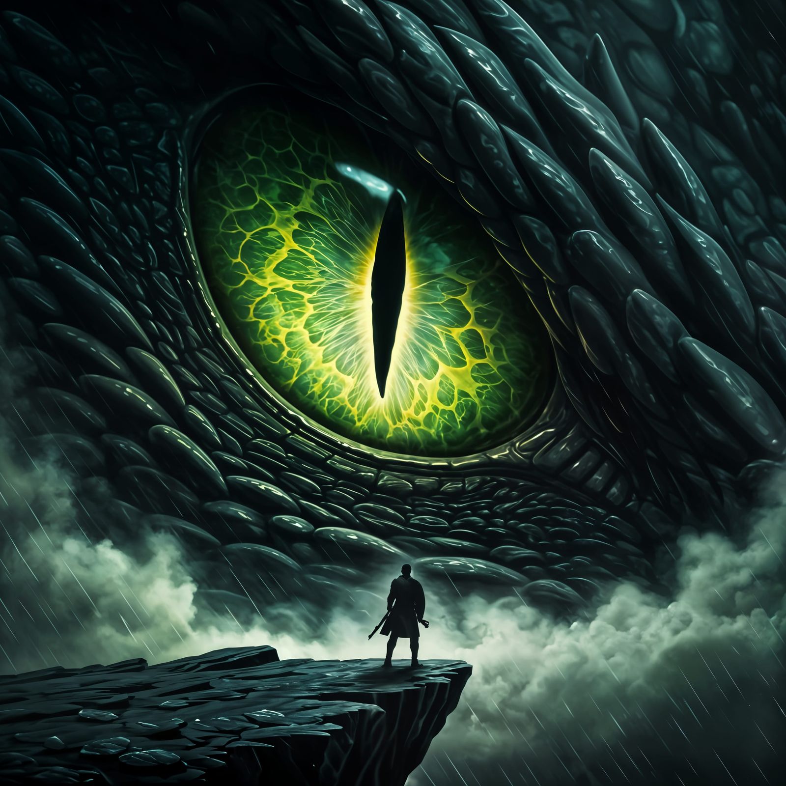 Furious Green Dragon Eye Glares Down at Knight on Cliff's Ed...