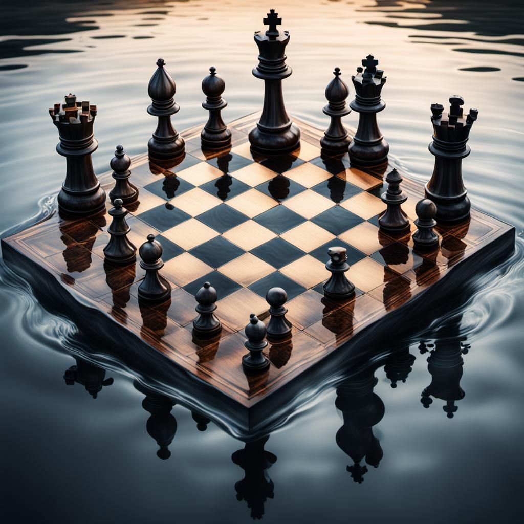 Hyper-Realistic Chessboard Reflected in Water