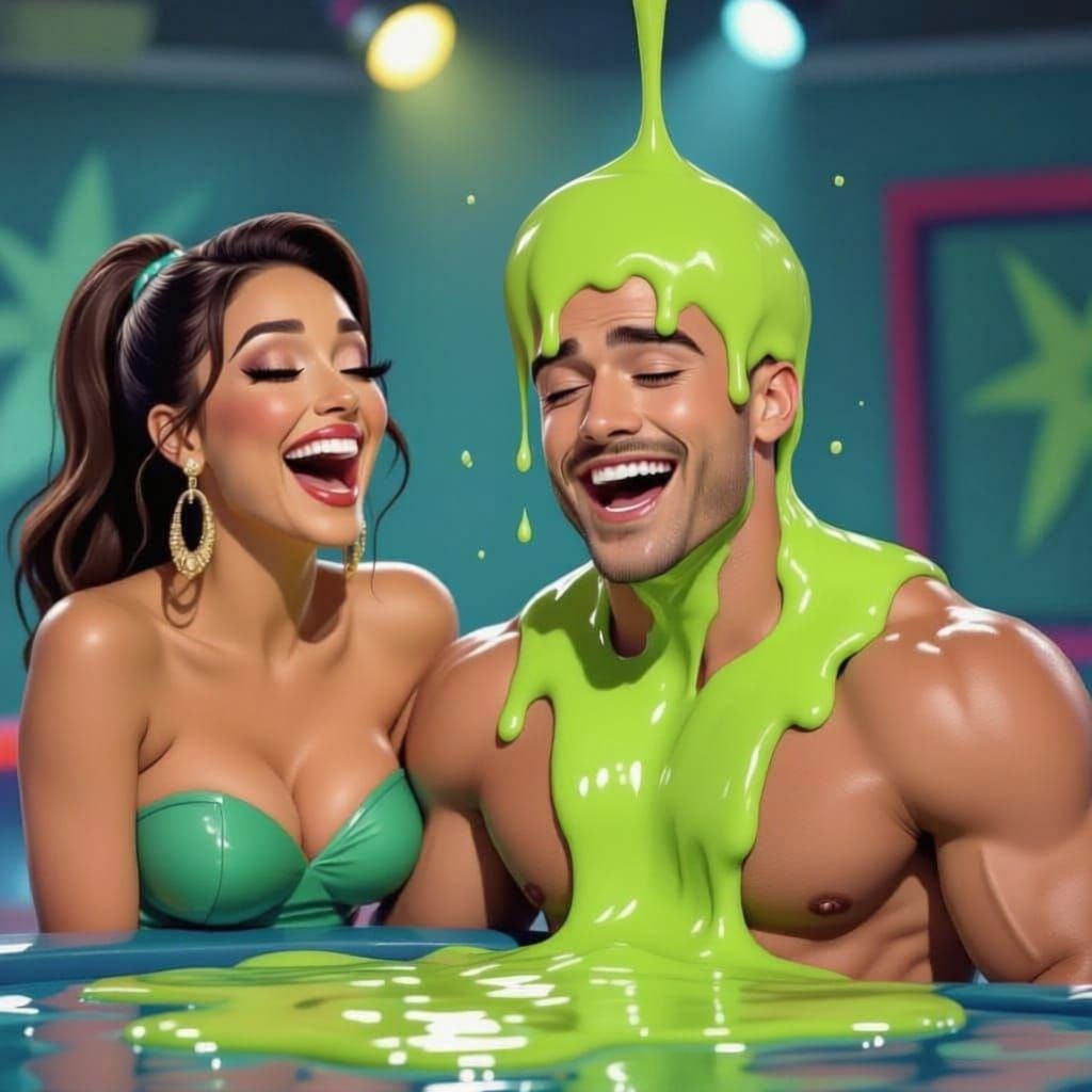 Woman Laughs as Man Drenches in Nickelodeon Slime