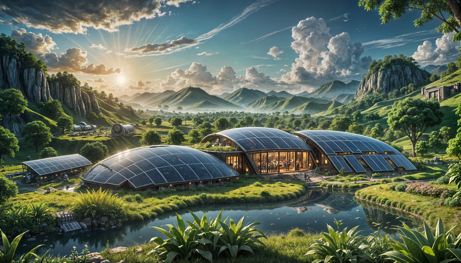 Futuristic Solarpunk Farmhouse Amidst Vibrant Valley