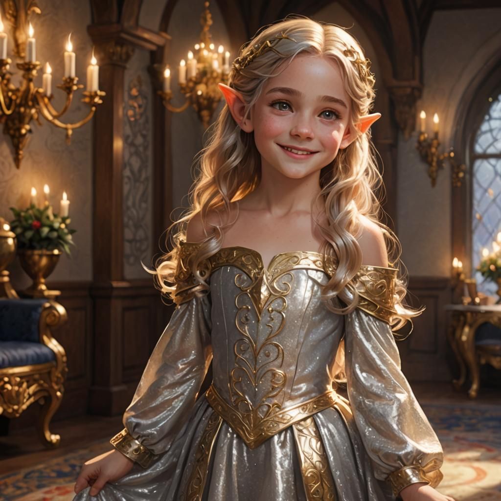 Young Elf Princess with Golden Hair in Royal Room