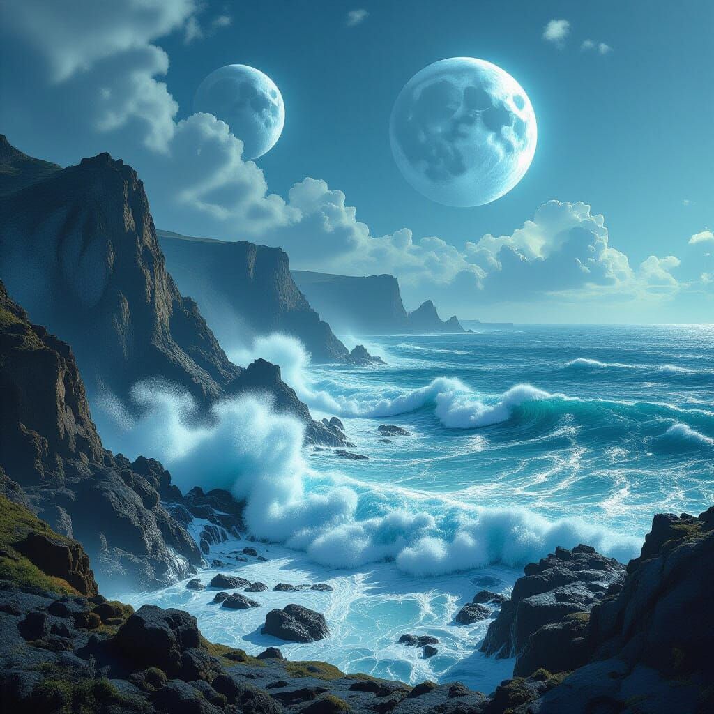 Alien Seascape with Twin Moons: Digital Matte Painting