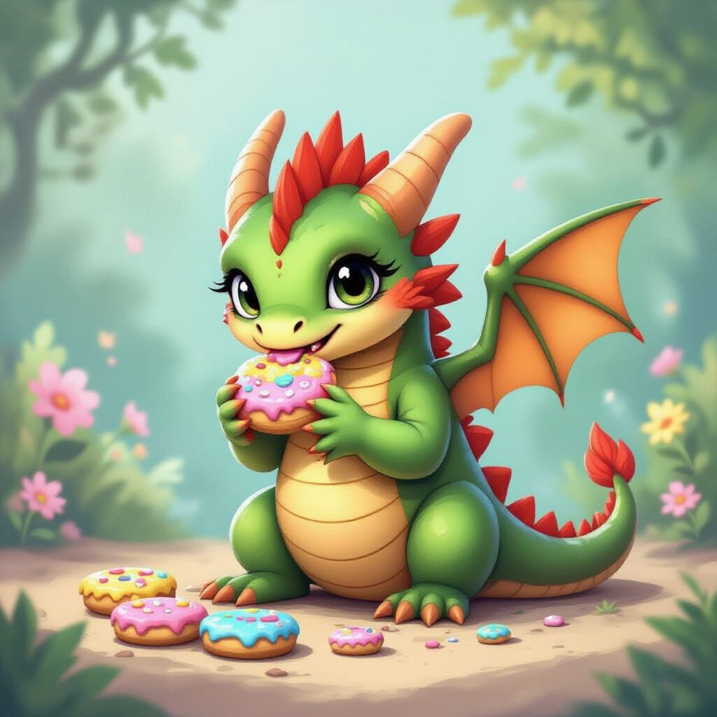 Whimsical Baby Dragon Eats Colorful Cocies