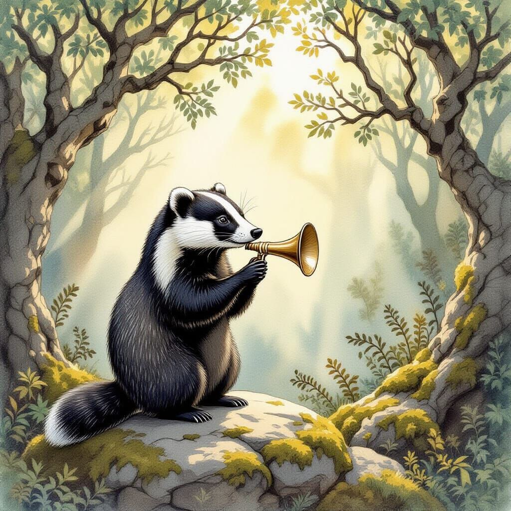 Badger with Shofar in Ethereal Forest, Antique Watercolor St...