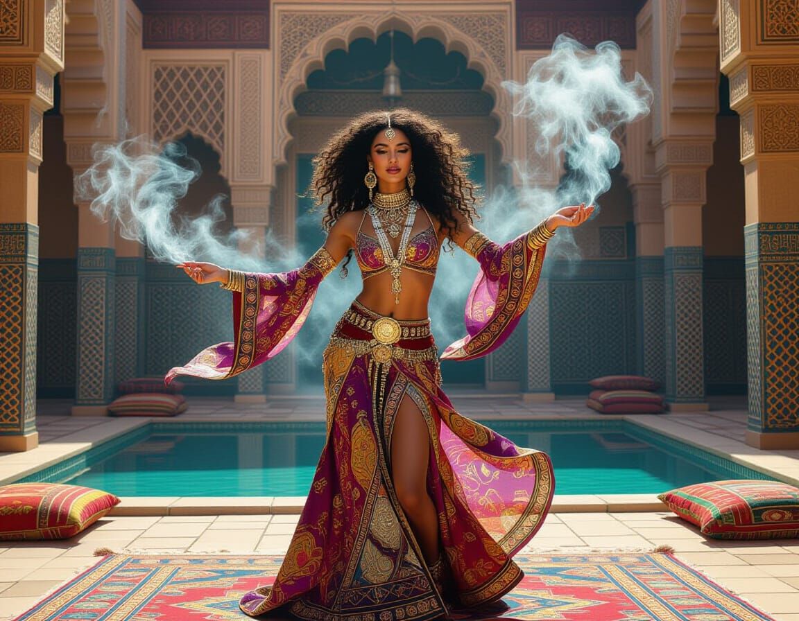 Arabian Dancer in Neon Style with Ornate Jewelry