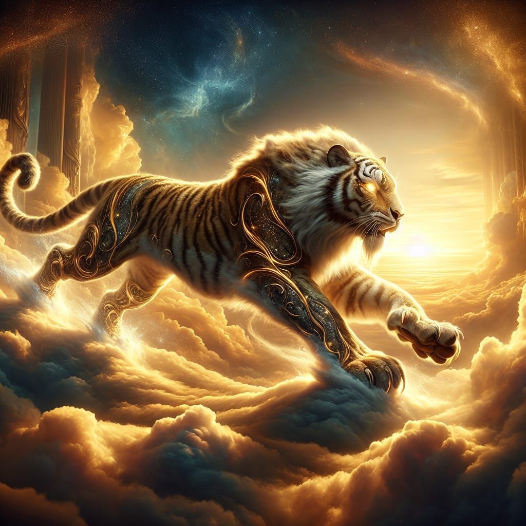 Magical Golden Tiger Striding on Clouds at Sunset