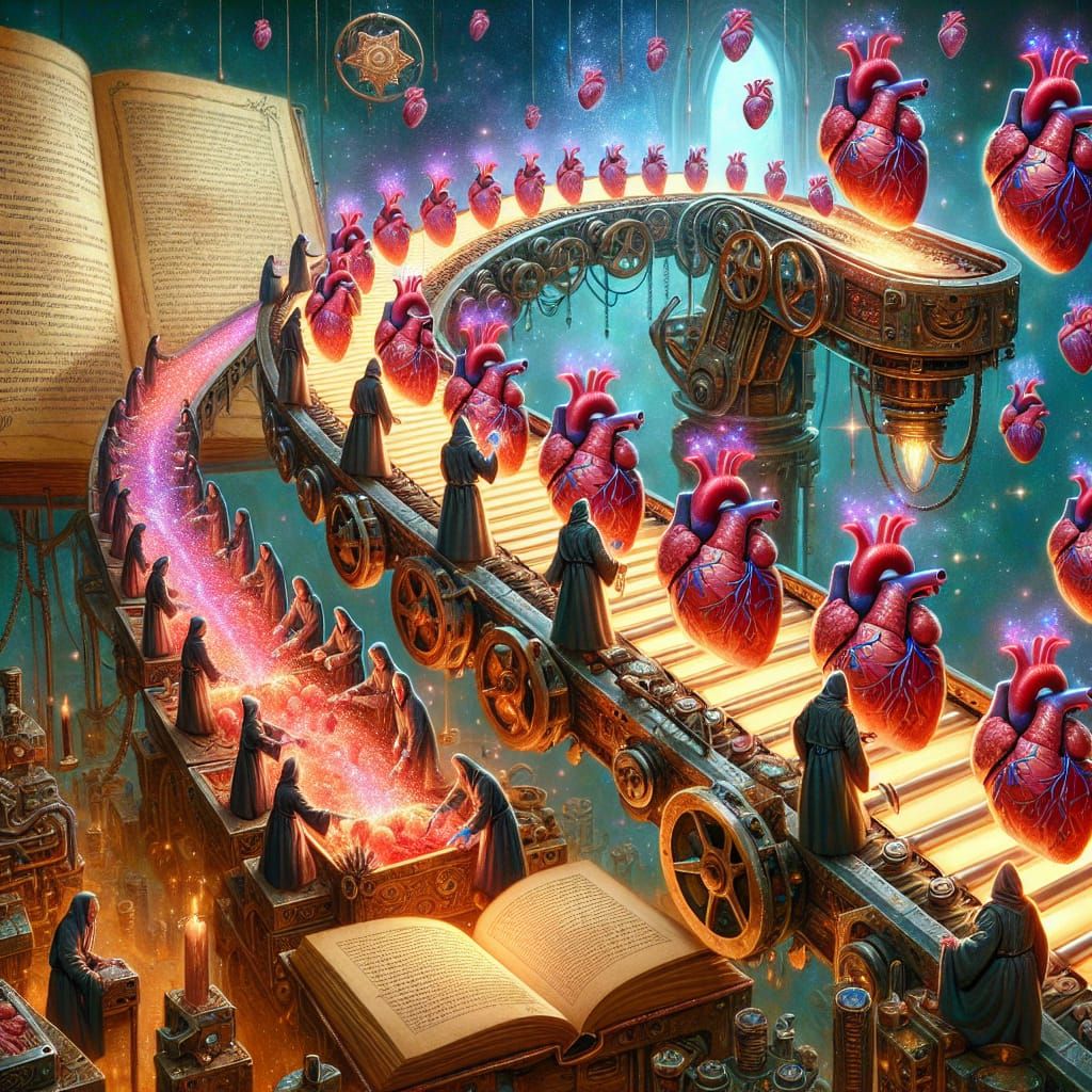 Magical Scene: Hearts Assembled on Fantasy Conveyor Belt