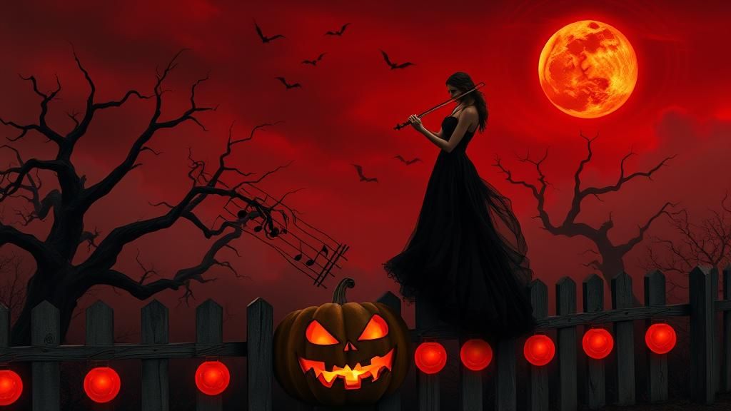 Ethereal Violinist on Jack O'Lantern in Mystical Orchard