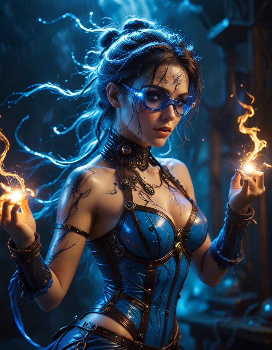 Cyberpunk Steampunk Sorceress in Gooey Blue Slime Aura