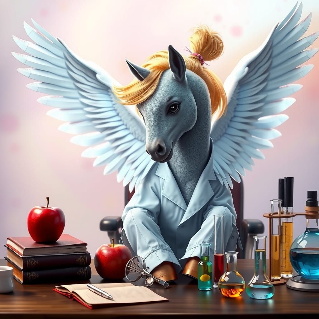 Hyperrealistic Light Gray Pegasus Pony in Lab Coat Studies S...