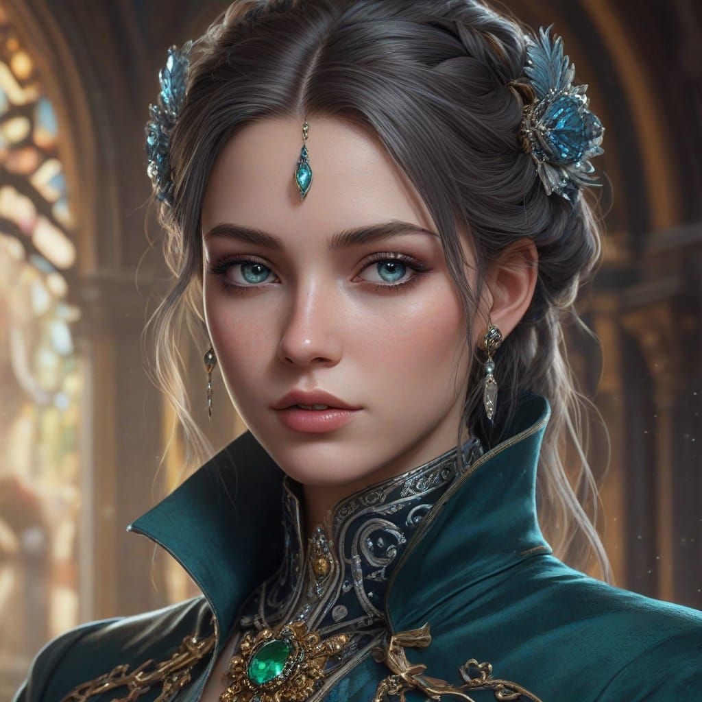 Majestic Sorceress in Velvet Coat Conjured with Mystic Inten...