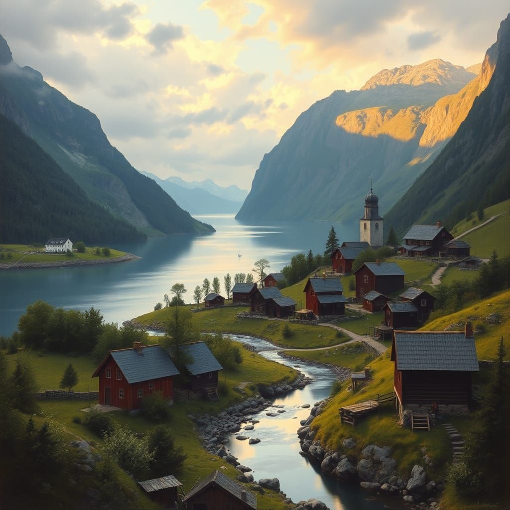 Norwegian Village Landscape in National Romanticism Style