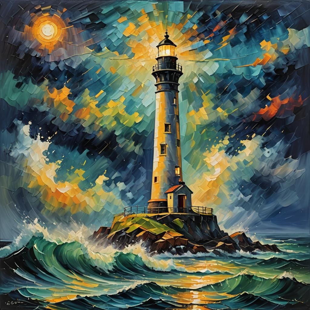 Stormy Night Lighthouse: An Expressionist Oil Painting