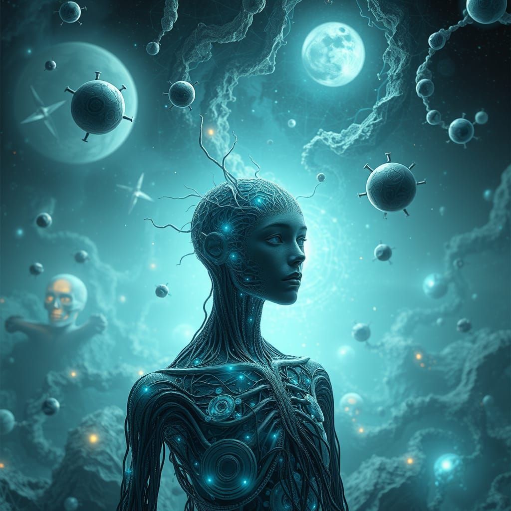Surreal Fractal Dreamscape with Glowing Humanoid Figure