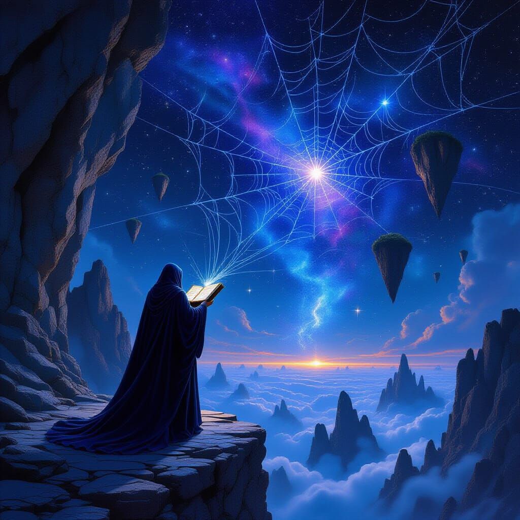 Cosmic Wizard Deciphers Nebula Tome on Floating Islands