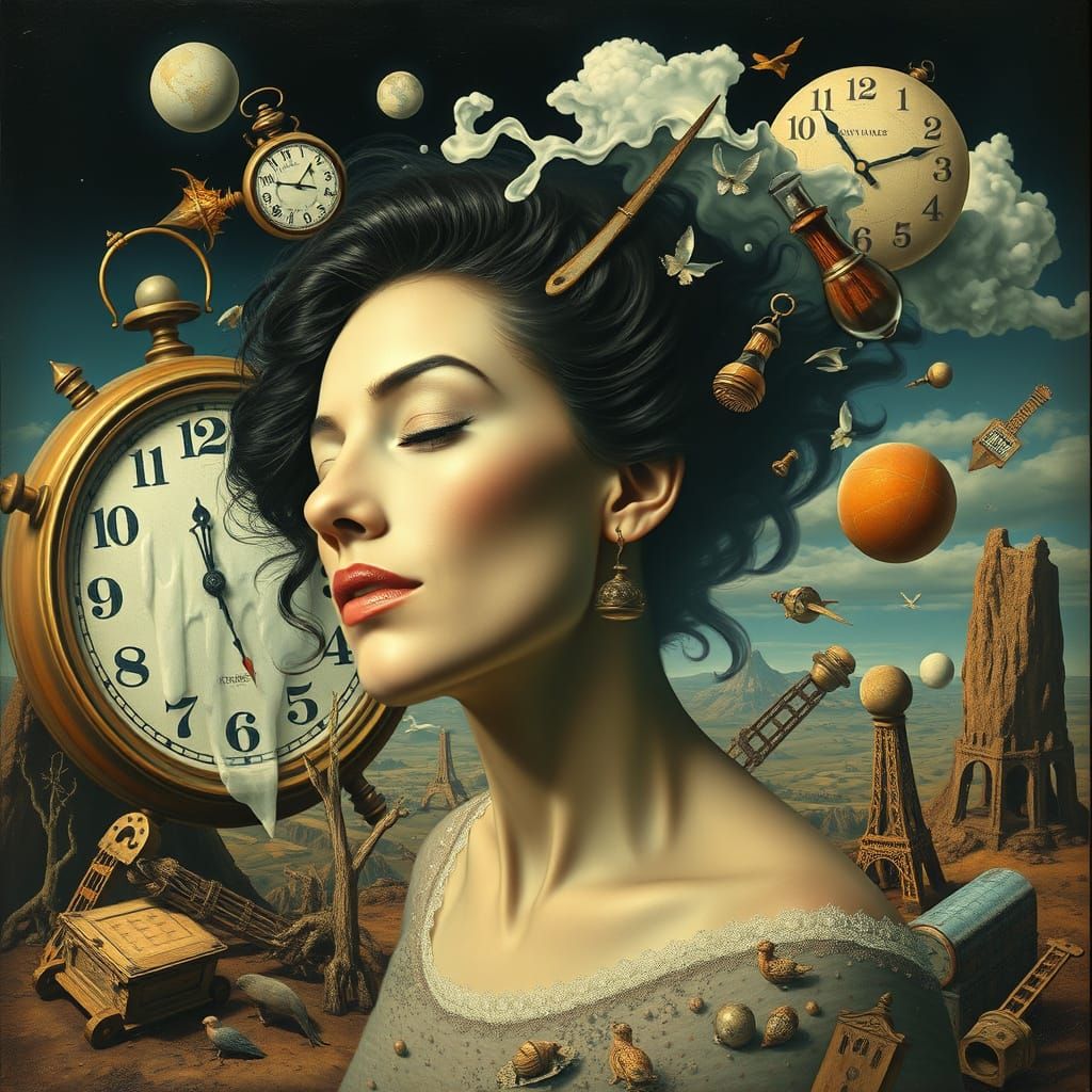 Woman Dissolving into Dreamlike Surreal Landscape