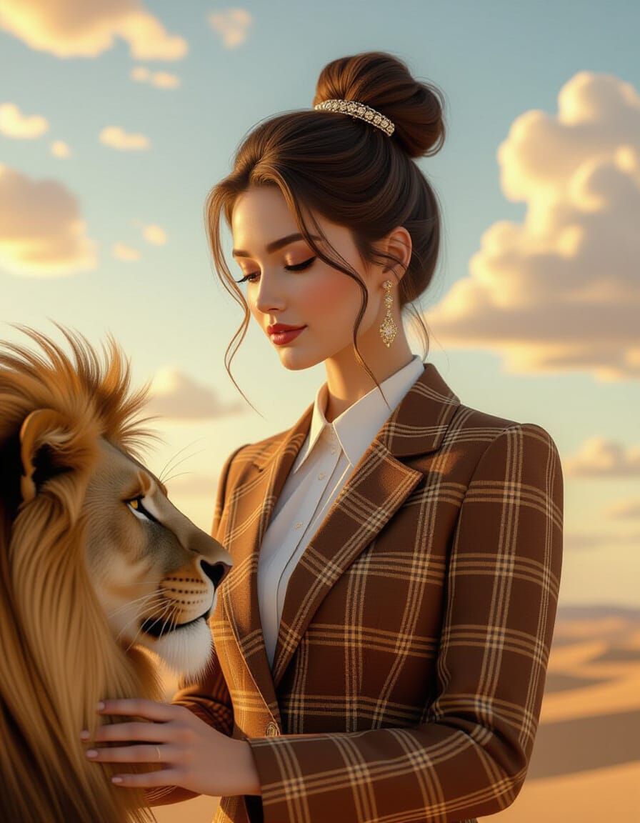 Moroccan Sunset Fantasy Art: Woman with Barberry Lion