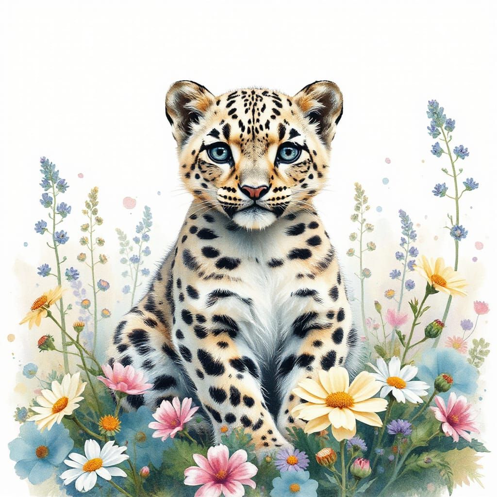 Snow Leopard Cub in Wildflower Meadow Watercolor