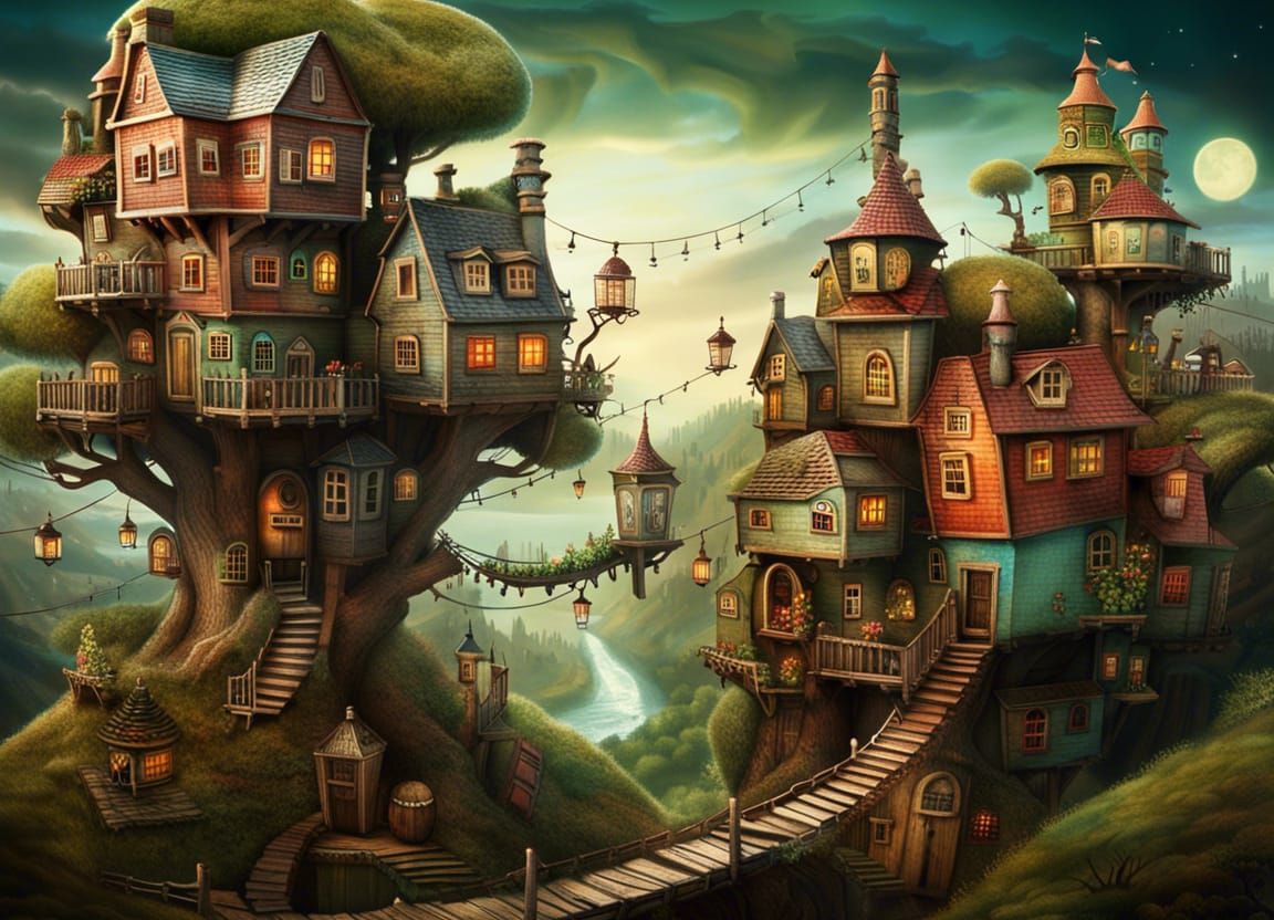 Enchanted Tree Village in Storybook Style