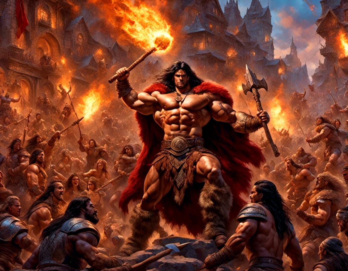 Barbarian and Woman in Medieval Street, Fantasy Art