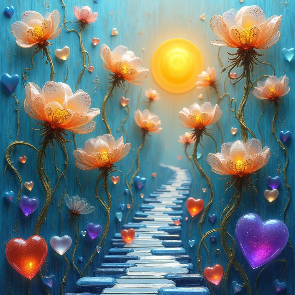 Whimsical Glass Collage with Twisted Flowers and Musical Acc...