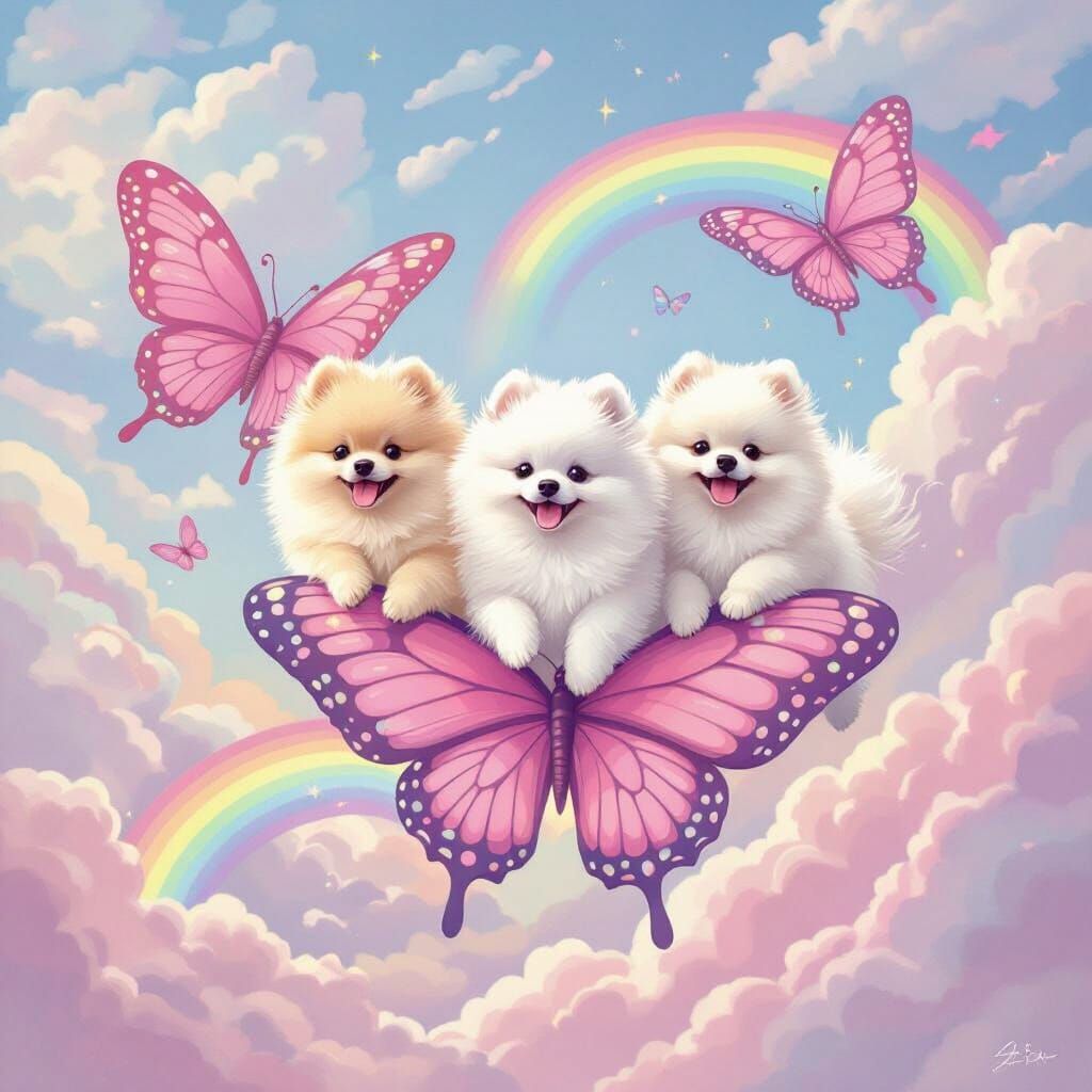 Pomeranians Riding Butterflies in Candyland Sky