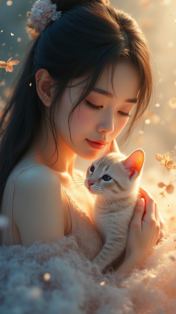 Mystical Spirit Cat Encounter in Dreamlike Watercolor Style