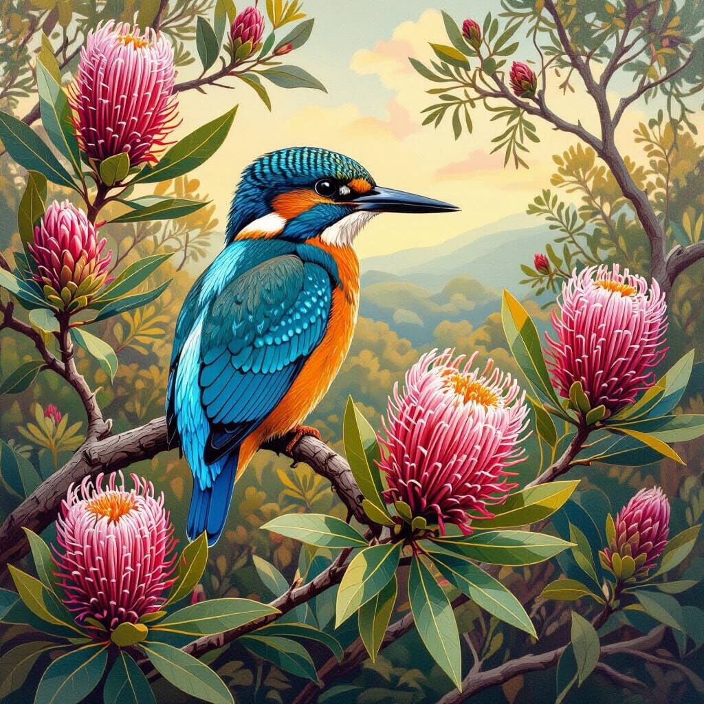 Kingfisher on Banksia Branch in Contemporary Style